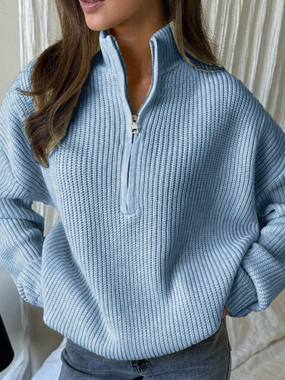 Baby Blue Casual Women Ribbed Long Sleeve Sweater